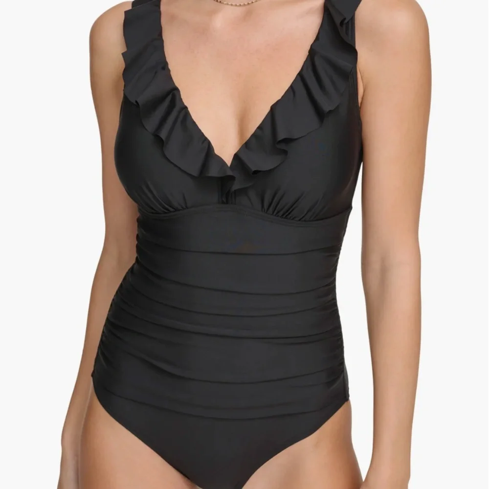 Dkny Ruffle Plunge Underwire Tummy Control One-Piece Swimsuit, NWT - Picture 3 of 5